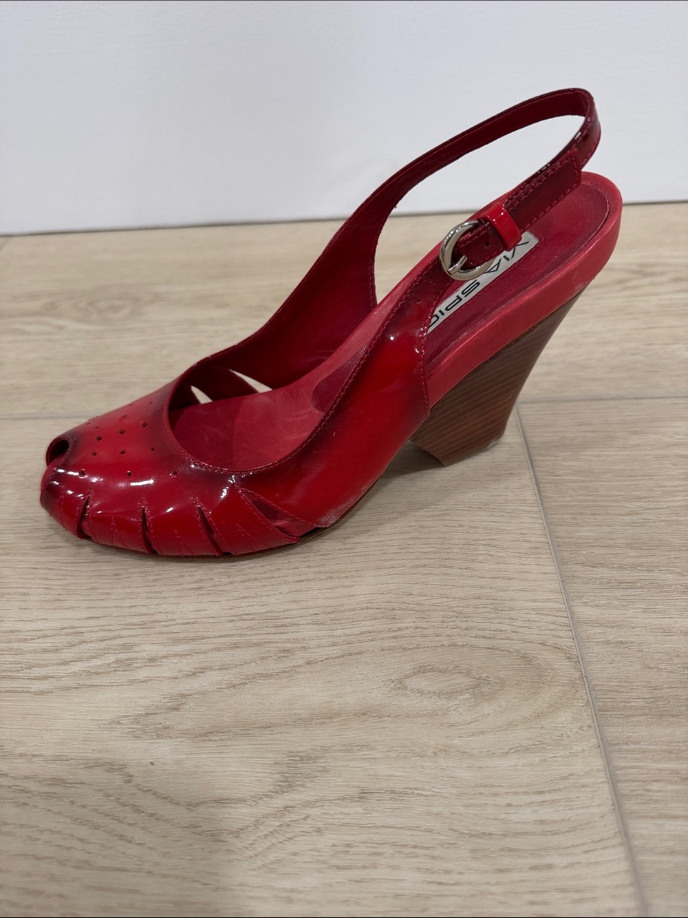 Via Spiga Red Patent Peep-Toe Slingback Heels with Cutout Perforation - Picture 6 of 9